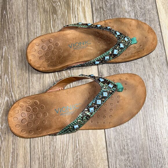 Vionic 340 Floriana Toe Post Sandal Teal Green Beaded Snake Slide Womens Size 9 - Picture 2 of 11